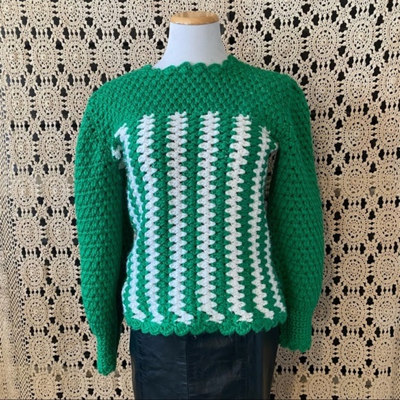 Vintage Hand Knit Crochet Kelly Green And White Jean L. Johnson Sweater S - Picture 6 of 6
